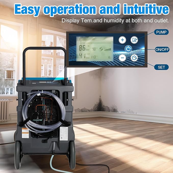 MOUNTO 310 Pints LGR Commercial Dehumidifier with Built-In Pump and Drain Hose – Portable, Heavy-Duty Dehumidifier with Wheels for Basements, Garages, Home, and Job Sites (Blue)