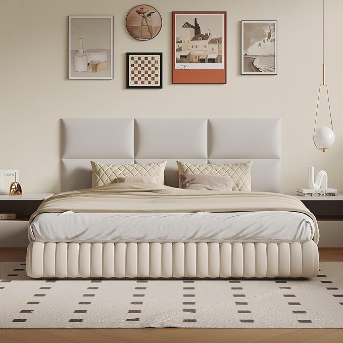 6-Piece Wall Mount Headboard Kit - White Peel and Stick Upholstered Headboard for Queen Size Bed, Floating Bed Backboard, 24" x 12" Panels, Artificial Leather
