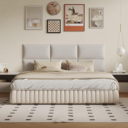 9-Piece Floating Headboard Kit - White Peel and Stick Wall Mount Headboard for Queen Size Bed, Upholstered Bed Backboard, 24" x 12" Panels, Artificial Leather