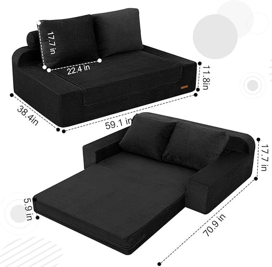 COMAX Convertible Sofa Bed Queen, Folding Floor Couch Corduroy Fold Out Couch Bed Sleeper Mattress with Back Pillows, Boneless Pull Out Loveseat Comfy Futon Lounge for Living Room Bedroom, Black