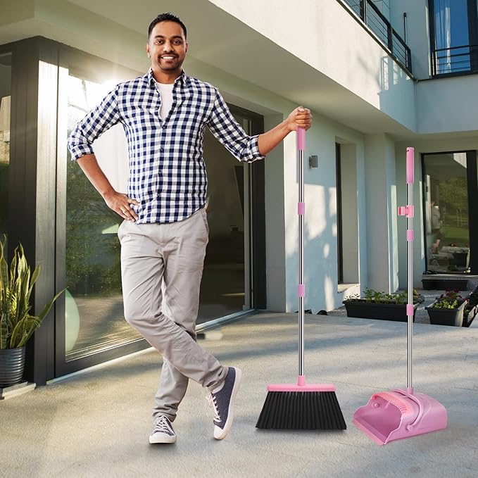 kelamayi Broom and Dustpan Set for Home, Office, Indoor&Outdoor Sweeping, Stand Up Broom and Dustpan (Pink)