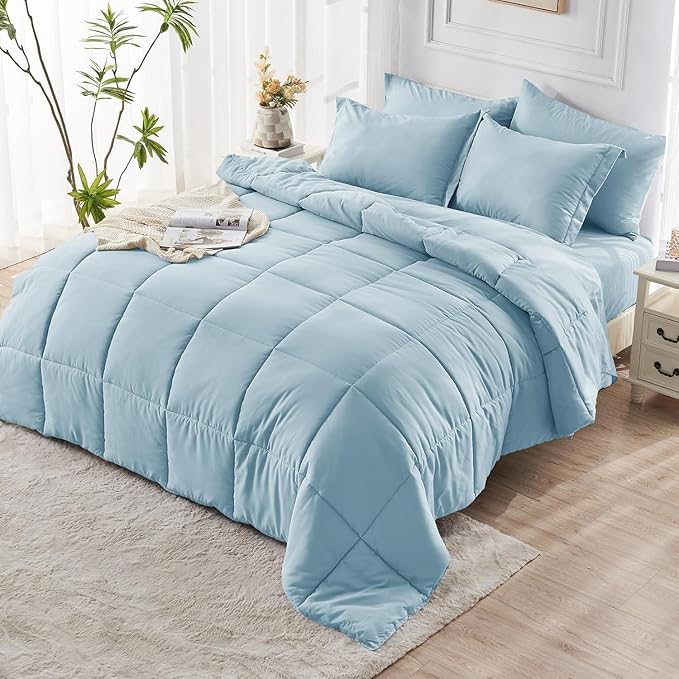 JOLLYVOGUE Full Comforter Set, Ultra-Soft Bed in a Bag Full Size 7 Pieces, Oeko-TEX Certified Bedding Set with Down Alternative Comforter, Sheets, Pillowcases & Shams, Lake Blue