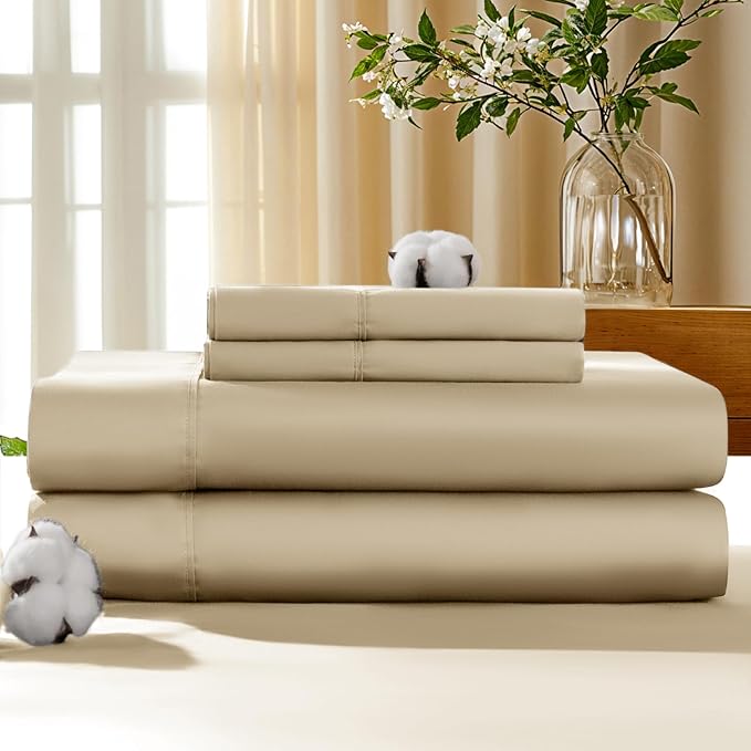 LBRO2M 100% Cotton Sheets Set Deep Pocket 19", 1000 Thread Count Queen Size 4 Piece Bed Sheet Sets Soft Comfortable Bedding All Season (Queen, Linen) LBRO2MBedding