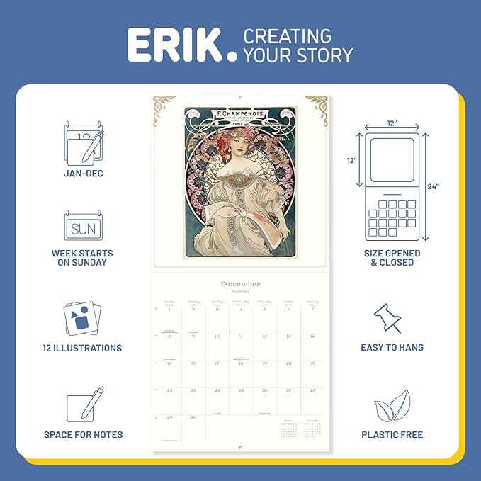 Art Nouveau Wall Calendar 2026 12" x 12" FSC® Plastic Free - Starts Week On Sunday | Family Planner Calendar 2026