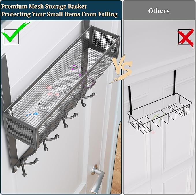 Consumest Over The Door Hooks Organizer - Over Door Hanger with 16 Hooks & 2 Baskets for Hanging Coat, Clothing, Towel, Hanging Organizer for Bathroom, Closet, College Dorm, Grey