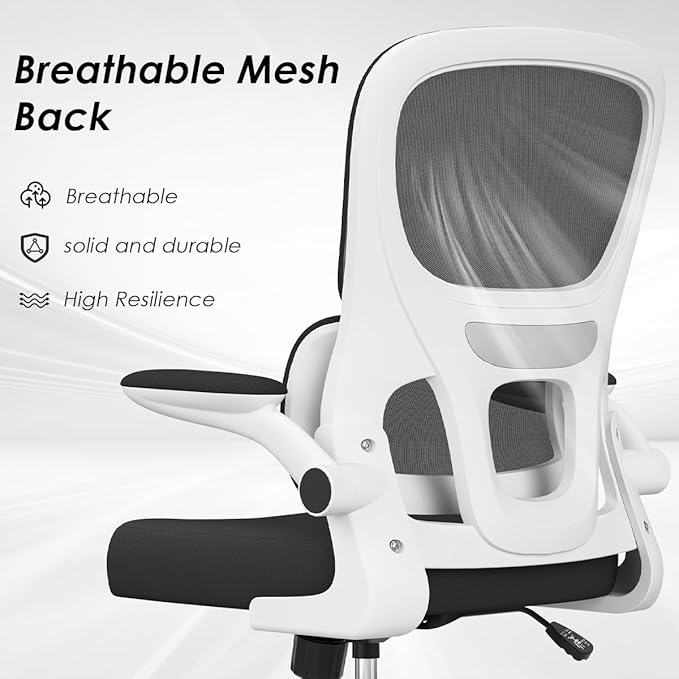 Soohow Office Chair, Mesh Ergonomic Office Chair with Lumbar Support, Comfy Swivel Computer Desk Chair with Flip Armrest Rolling Wheels for Home Study Room Office, White & Black