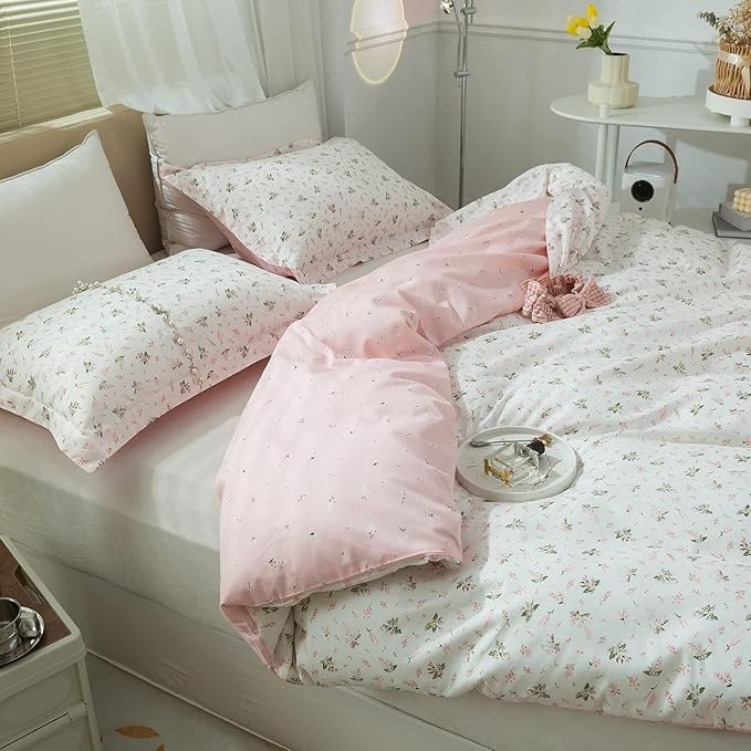 mixinni Floral Duvet Cover Twin XL Size for Teenage Girls Flowers and Leaves Printed on Soft Cotton White/Pink Bedding Duvet Cover with Two Matching Pillowcases-Twin XL Size