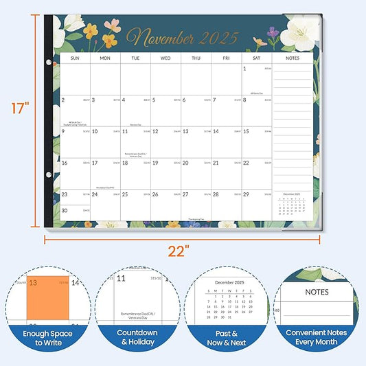 SUNEE Desk Calendar 2026 Large 22x17 from October 2025 to March 2027, Extra Large Desktop Monthly Calendar Pad 18 Months For Teacher or Family, Desk Top, Floral