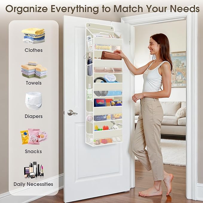 2 Pack Over The Door Organizer, Hanging Storage Organizer with Clear Window, 40lb Ultra Sturdy Large Capacity Room Organizer for Pantry Laundry Bathroom Nursery Closet (Beige)