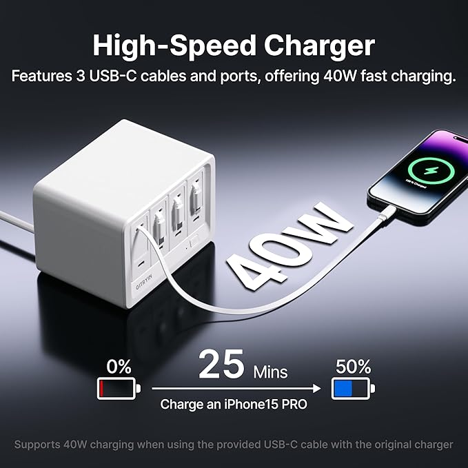 Gitryin 12-in-1 Desktop Charging Station with 3 Retractable Type-C Chargers and 1 Lightning Charger, 40W USB-C Power Strip with 33.5in Cable, Extension Cord with 1020J Surge Protection for Home Office