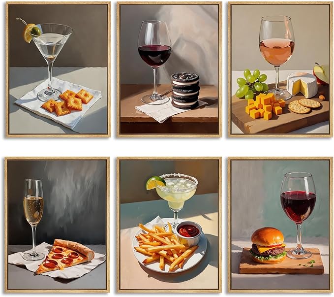 Set of 6 Trendy Cocktail Poster Martini and Cheese Crackers Prints Bar Cart Accessories Decor Retro Cocktail Wall Art Red Wine Canvas Room Decor Pictures for Apartment Dorm Unframed 12x16 inch