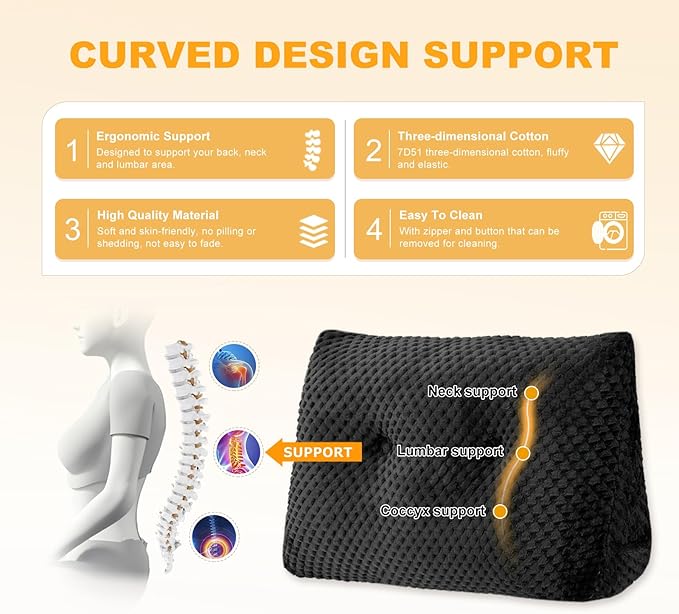 Large Triangular Headboard Wedge Pillow Soft and Supportive Headboard Backrest Positioning Support Bolster Cushion, Bed Wedge Pillow with Removable Cover(Black,King,76x8x20inch)