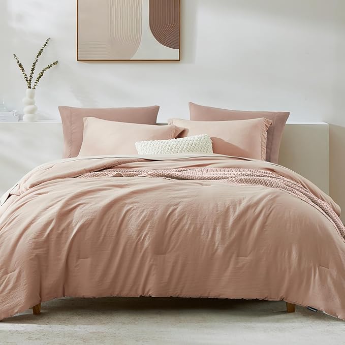 WRENSONGE King Comforter Set, 7 Pieces Clay Pink Soft Bed in a Bag King with Fitted Sheet, Flat Sheet, 2 Pillow Shams, and 2 Pillowcases- Warm Bedding Set for All Season