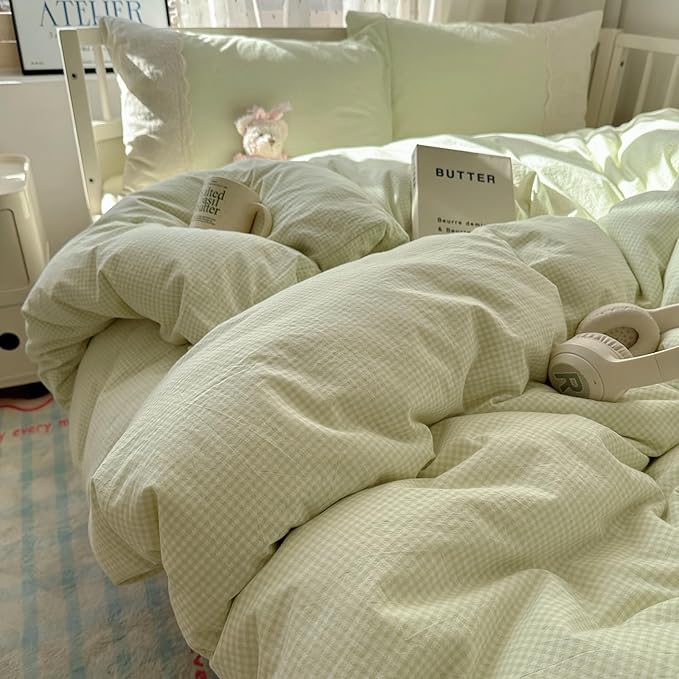 mixinni Green Gingham Duvet Cover King Size - 3 Piece Cottagecore Plaid Bedding Set with Lace Trim, Soft Washed Microfiber Vintage Aesthetic Grid Comforter Cover & Pillow Shams, (Green White Gingham)
