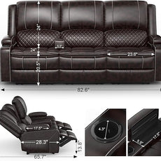 Recliner Sofa, 3 Seater Manual Reclining Sofa with 2-Tier Cushion, Reclining Couches for Living Room with Removable Console, Hidden Storage Space, Cup Holders - Brown
