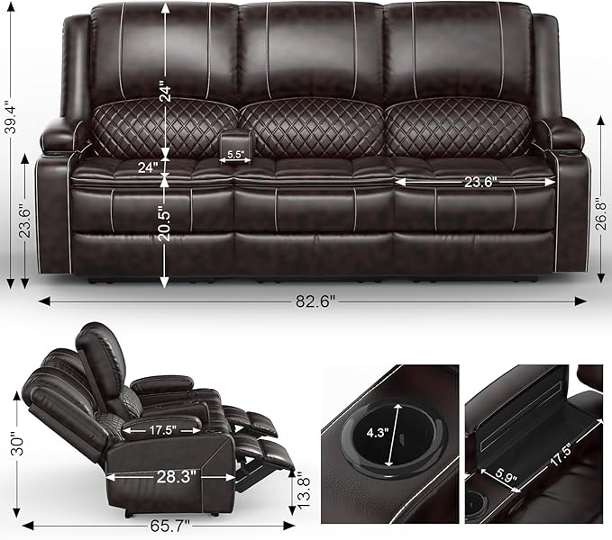 Recliner Sofa, 3 Seater Manual Reclining Sofa with 2-Tier Cushion, Reclining Couches for Living Room with Removable Console, Hidden Storage Space, Cup Holders - Brown