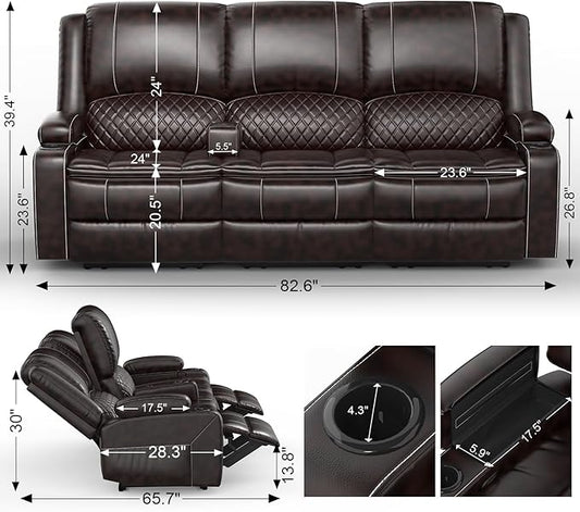 3-Seater Recliner Sofa, Manual Reclining Couch with Multi-Functional Middle Seat, Reclining Sofa for Living Room with Hidden Storage Space, Cup Holders, and Removable Console - PU Brown