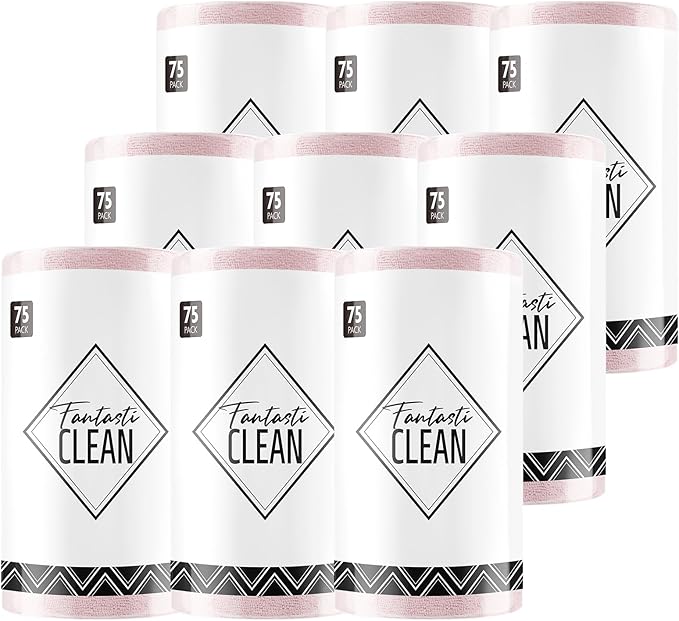 Fantasticlean Microfiber Cleaning Cloth Roll -675 Pack, Tear Away Microfiber Towels, 12" x 12", Reusable, Washable, Ultra Absorbent Dishcloth for All-Around Cleaning Supplies (9 Rolls of Pink)