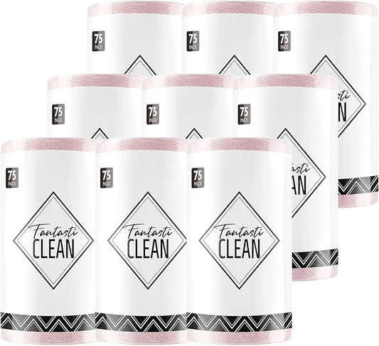 Fantasticlean Microfiber Cleaning Cloth Roll -675 Pack, Tear Away Microfiber Towels, 12" x 12", Reusable, Washable, Ultra Absorbent Dishcloth for All-Around Cleaning Supplies (9 Rolls of Pink)
