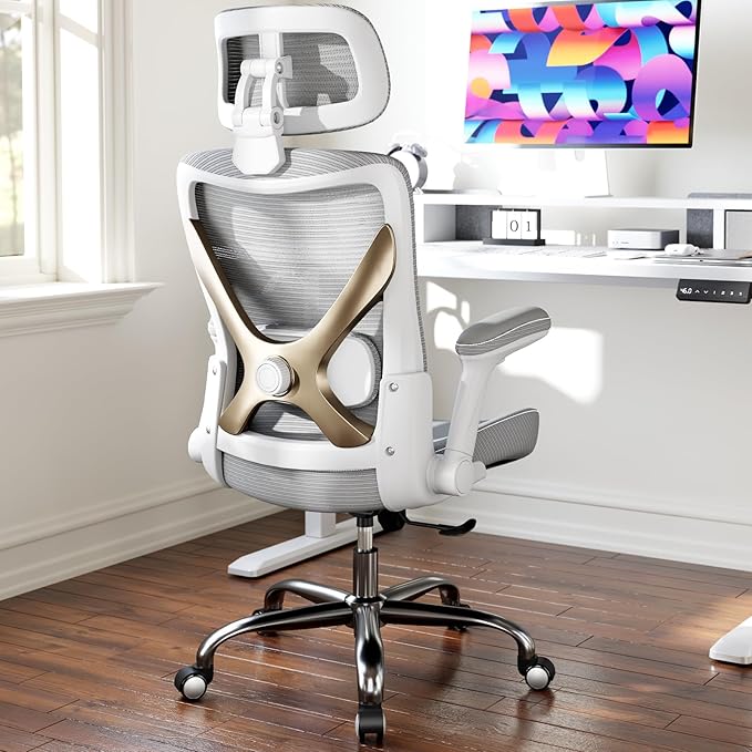 Office Home Ergonomic Desk Chair-Computer X-Shaped Chair Mesh PU Leather with Adjustable Lumbar Support-Executive Chair High Back with Headrest Flip-Up Arms for Long Hours (Grey)