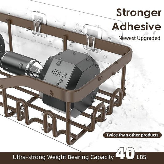 Shower Caddy Adhesive Shower Organizer 7-Pack, Rustproof Stainless Steel Bathroom Shelves, Large Capacity No-Drill Rack Storage Accessories with Soap Dish Toothbrush Holder Hooks (Brown)