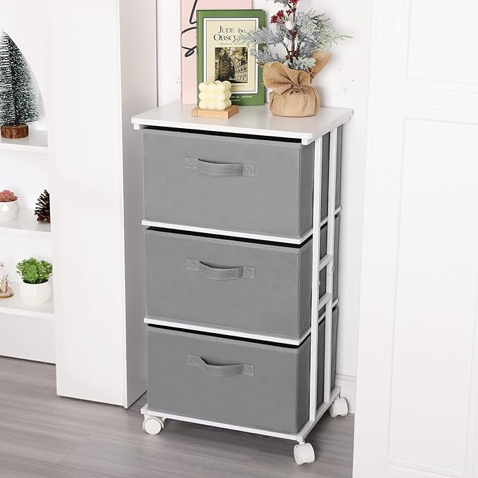 MAX Houser Dresser Tower with 3 Drawers,Fabric Dresser Drawer Organizer Unit,Dresser Chest with Wood Top,Vertical Storage Dresser,Small Dresser for Bedroom,Office-Dark Grey