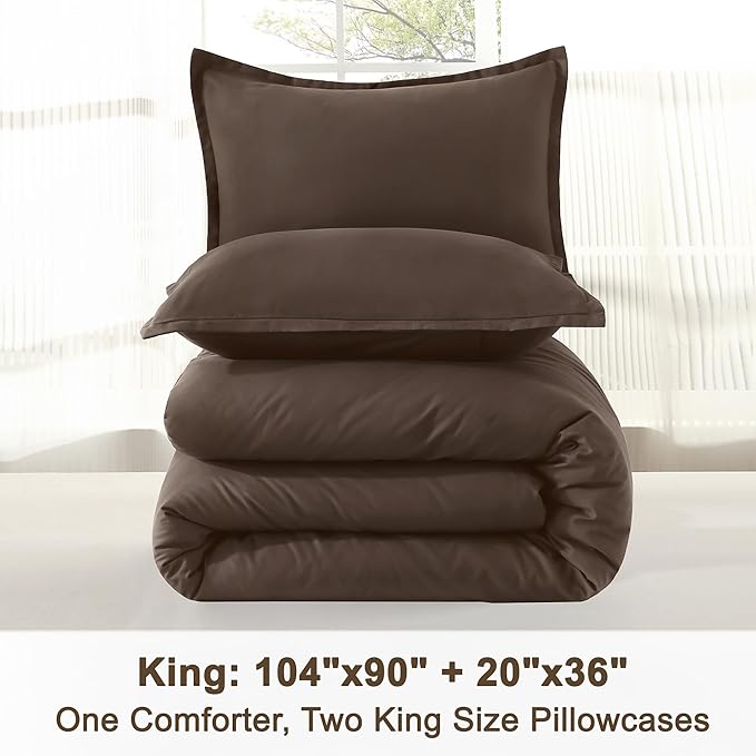 Litanika Comforter Set, Lightweight Solid Bedding Comforter Set, Fluffy Down Alternative Bed Set, Chocolate, King