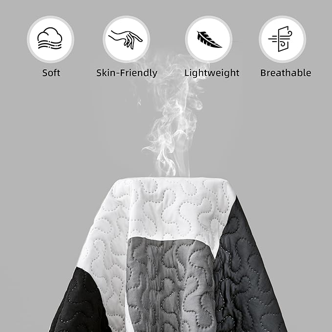 2 Piece Black Grey Quilt Set Twin Size Black White Gray Geometric Reversible Bedding Set Microfiber Lightweight Bedspread Coverlet with 1 Sham Modern Bed Covers for All Season, 68''x86''