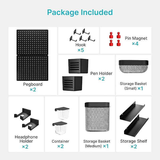 Pegboard Wall Organizer Combination Kit,Overall 33.1"x20.5" Metal Office Pegboard with 19 Accessories, Wall Mounted Peg board Display Panels for Home, Gaming Room, Garage (2Pcs,Black)