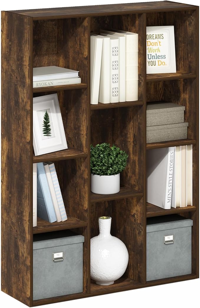 Furinno LUDER Book Shelf, 11-Cube Bookshelf, Reversible Bookcase, 9.4 x 29.1 x 41.7, for Living Room, Bedroom, Home Office, Amber Pine