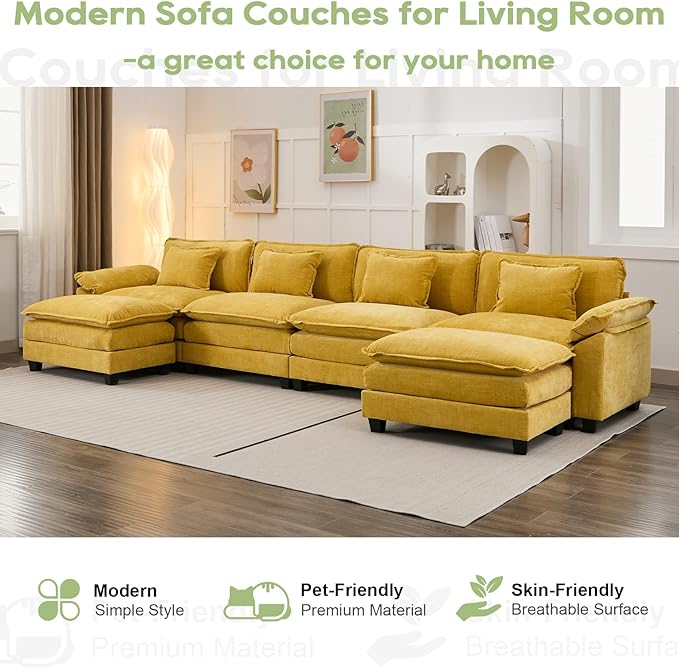 154" Modular Sectional Sofa, Comfy Cloud Couch Sectional Sofa with Ottoman, Chenille Sofa Sleeper Deep Seat Sofa with Throw Pillows for Living Room (Yellow, 154"- U Shape)