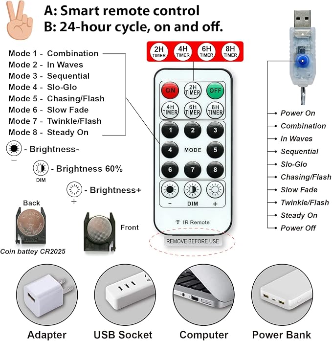 HXWEIYE 120LED Warm White 40Ft Fairy String Light with 52 Clear Clips & 12 Hooks, USB Powered, Waterproof, 8 Modes & Timer, Perfect for Indoor/Outdoor, Bedroom, Party, Wedding Decor