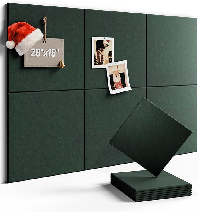 Felt Bulletin Board Tiles -28"x18" Cork Board Alternative for Office Decor, Push Pin Board Wall Organizer 6-Pack -Pine Green