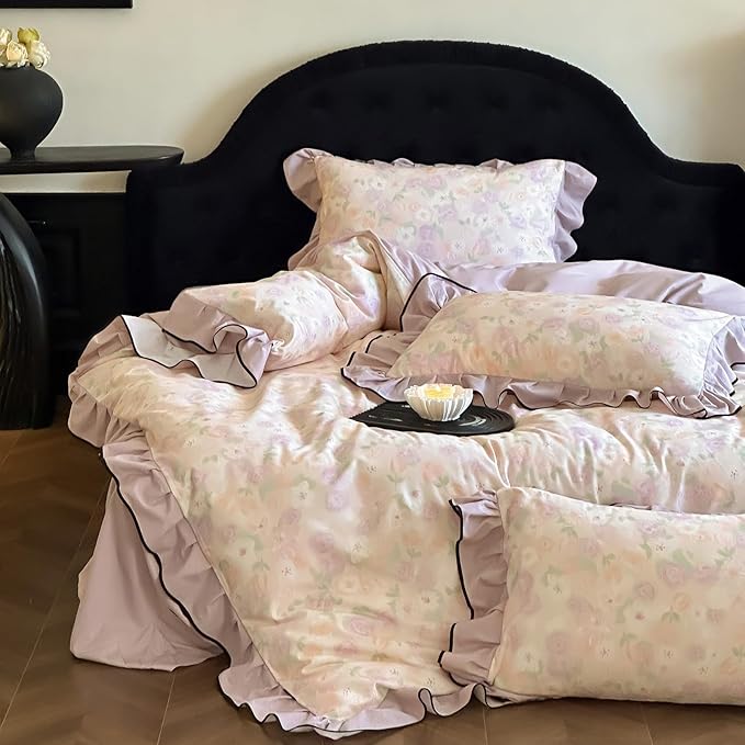 HighBuy Purple Floral Ruffle Duvet Cover Set King Brushed Cotton Durable with Ruffle Edge,Boho Chic Cottagecore Floral Bedding Comforter Cover Set - (1 Duvet Cover with 2 Pillow Shams)