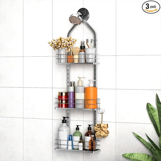 Shower Caddy Hanging (Silver), Adjustable Anti-Swing-Over The Shower Head Caddy, 3 Tier Height Bathroom Storage Organizer Bathroom Shelves Basket Rack Shower Caddies (3Tier)
