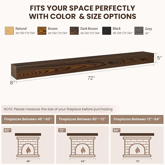 Dreamland 72 X 8 X 5 Fireplace Mantel - Solid Rustic Wood Wall Mounted Floating Shelf - Handcrafted Wood Fireplace Mantels - Floating Fireplace Mantel - Dark Brown