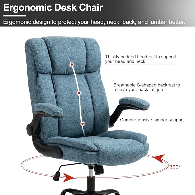 Office Chair High Back Ergonomic Executive Computer Desk Chair Comfortable Fabric Padded Home Office Desk Chairs with Flip-up Arm Rest Adjustable Height Swivel Wheels (Blue)