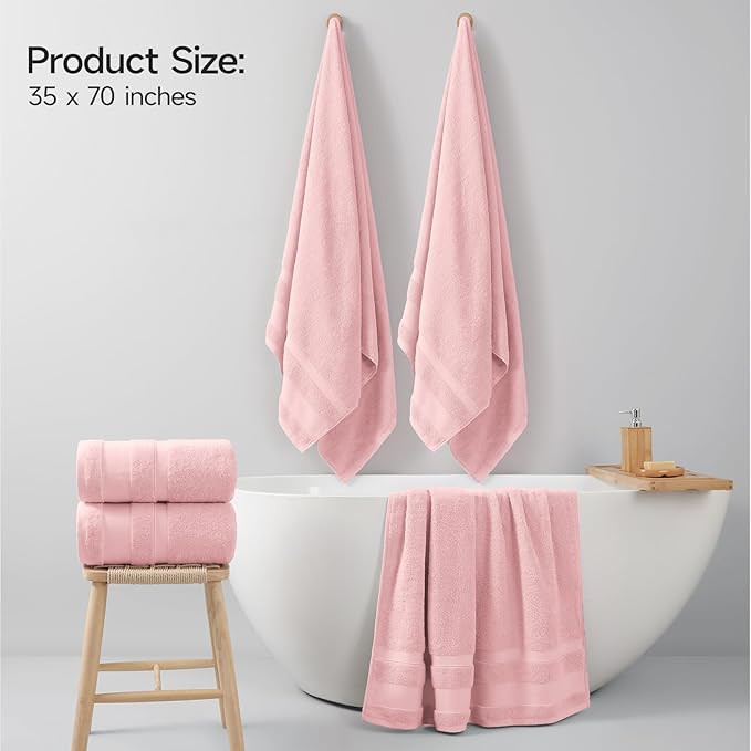 REDKISS 100% Cotton Bath Towels Set of 2, Extra Large Bath Sheets 35 X 70 Inches, 800 GSM, Quick Dry, Ultra Soft & Super Absorbent Bathroom Towel Sets for Bathroom, Gym, Spa, Pool & Hotel, Pink