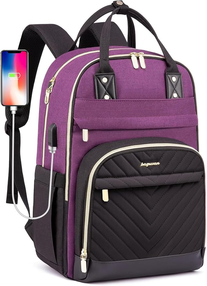 Laptop Backpack for Women Work Bag - 15.6 inch Travel Backpack with USB Charger Business Computer Backpacks for Work College Back pack for Teacher Casual Waterproof Bookbag for Nurses Purple