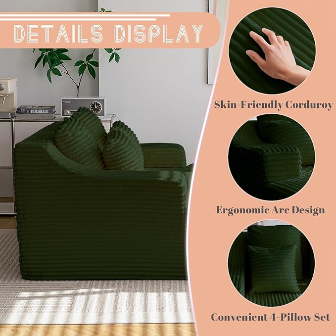 55 Inch Chaise Lounge Indoor - Oversized Chaise Lounge with 4 Throw Pillows and Armrets, Upholstered Plush Sofa Bed, Corduroy Lazy Chair Bed, Sleeper Chair for Living Room or Bedroom, Green