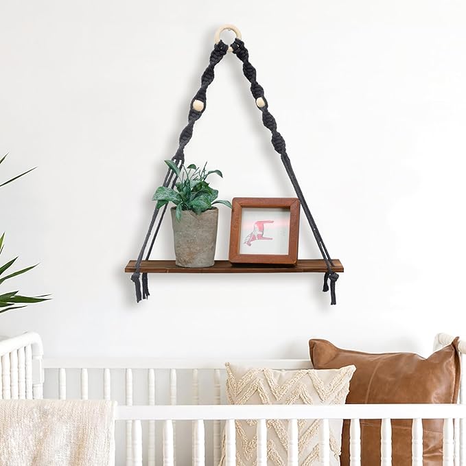 Artilady Macrame Black Floating Shelf - Boho Wooden Wall Shelves Hanging Decor, Rustic Hanging Storage Rack Hand Woven Plant Shelf Decor for Bedroom Living Room Nursery Dorm Room