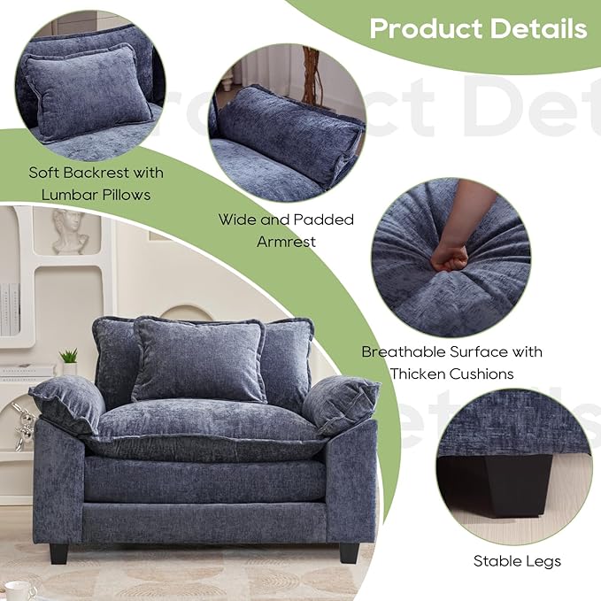 Modular Sectional Sofa, Comfy Cloud Couch Sectional Sofa, Chenille Sofa Sleeper Deep Seat Sofa with Throw Pillows for Living Room (Blue, 53"- Single Seat)