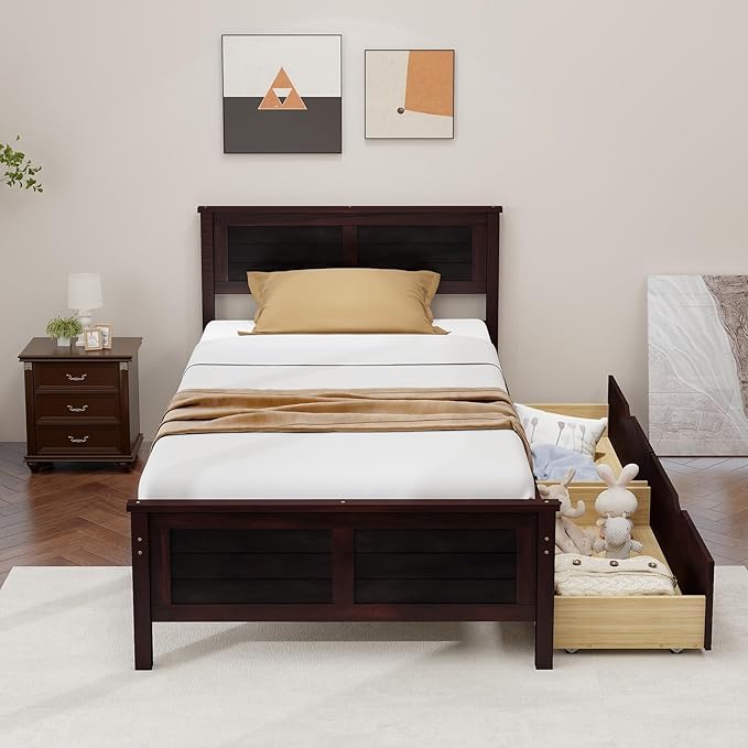 Giantex Wood Twin Bed with 2 Storage Drawers, Solid Wood Platform Bed with Headboard, Wooden Slats Support Mattress Foundation, No Spring Needed, Twin Bed Frame for Kids, Teens, Adults, Espresso