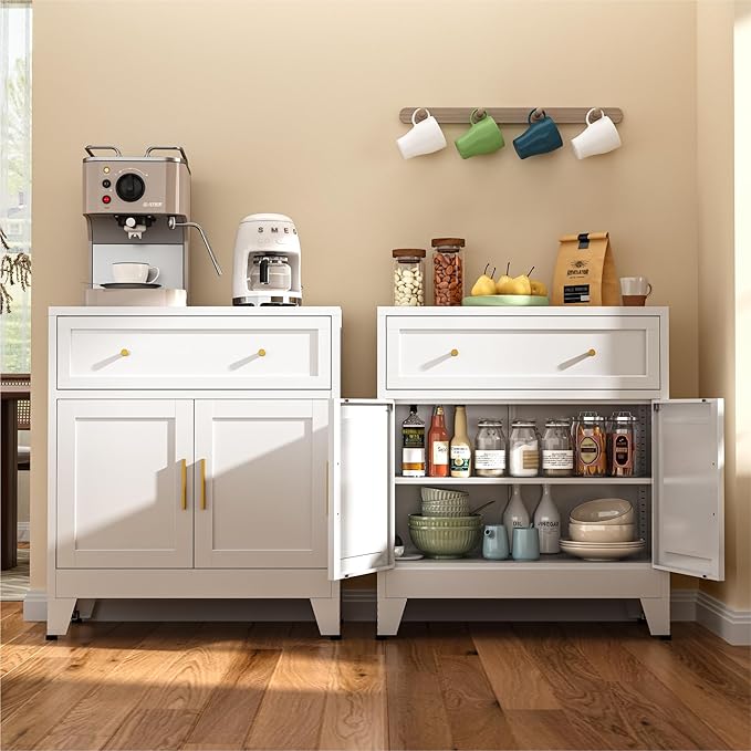 Metal Sideboard Cabinet, Small Pantry Sideboard Cabinets with 2 Doors and Adjustable Shelves, White Metal Buffet Cabinet for Kitchen Dining Room Living Room, Entryway, Bathroom,Office