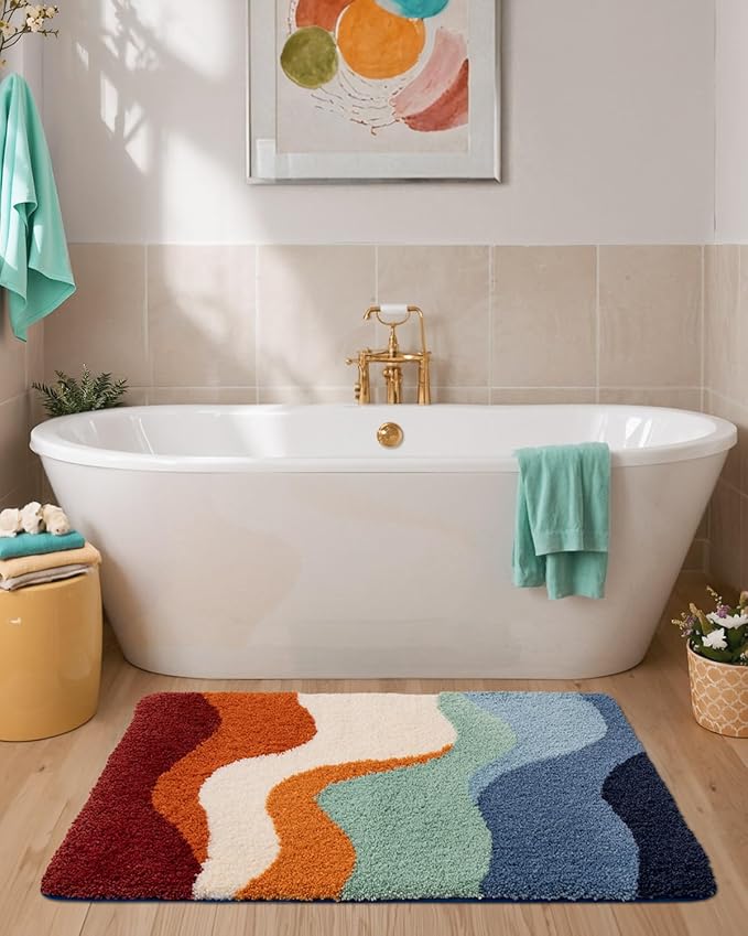 DEXI Bathroom Rug Washable, 24x43 Non Slip Bath Large Mat Absorbent, Soft Plush Microfiber Bathmat Quick Dry for Shower Floor, Colorful