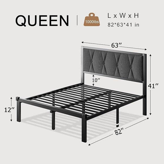 Queen Size Metal Bed Frame, Platform Bed with Upholstered Button Tufted Headboard, 12" Underbed Storage, Steel Slats Support, No Box Spring Needed, Easy Assembly, Noise-Free, Dark Grey