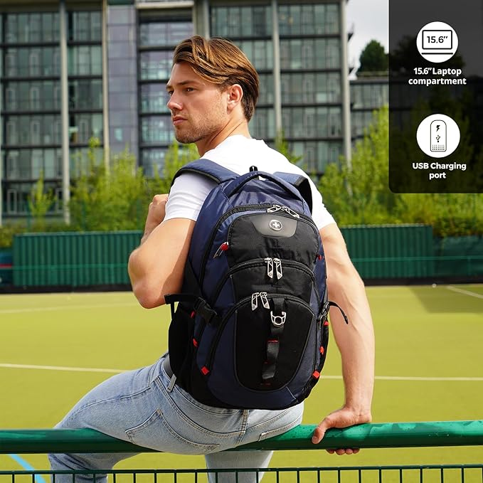 Swissdigital Design Laptop Backpack with USB Charging Port, Travel Backpack Fits 15.6 inches Computer, 31L College School Backpack for Men, Blue/Black | SD803-12