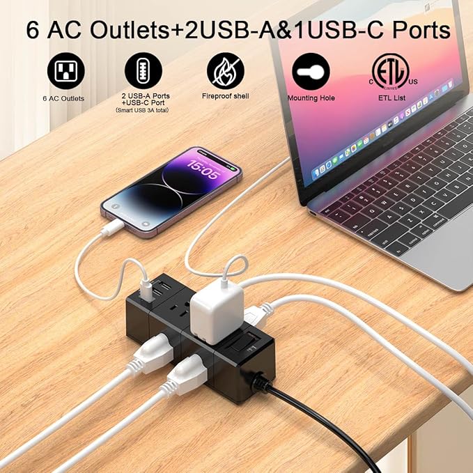 10Ft Extension Cord Flat Plug Power Strip - Tcstei 3-Side Outlet Extender with 6 AC Outlets and 3 USB Ports (1 USB C), Compact for Home, Office, Dorm Room Essentials, Black