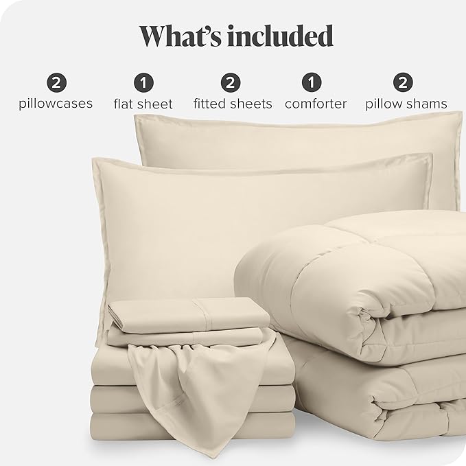 Bare Home Bed-in-A-Bag 8 Piece Comforter & Sheet Set - Split King - Goose Down Alternative - Ultra-Soft 1800 Premium Bedding Set (Split King, Sand/Sand)