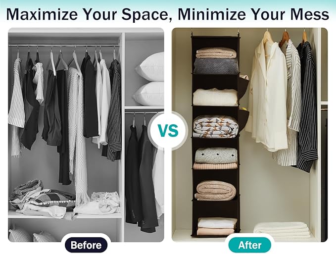 YOUDENOVA Hanging Closet Organizer, 6-Shelf Closet Hanging Storage Shelves, Brown